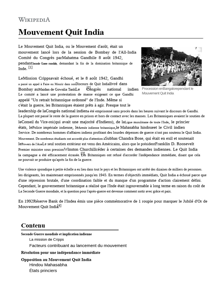 Mouvement Quit India : Lutte pour l'indépendance | PDF | Mahatma Gandhi ...