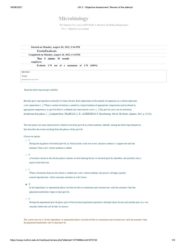 UN 2 - Objective Assessment - Review of The Attempt | PDF | Bacteria ...