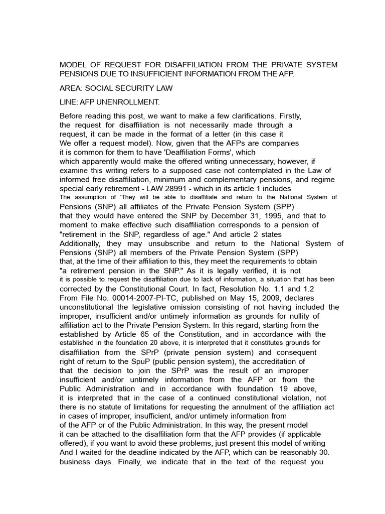 Model Request For Withdrawal From The Private Pension System Due To ...