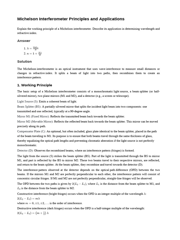 Michelson Interferometer: Principles & Uses | PDF | Interferometry | Mirror