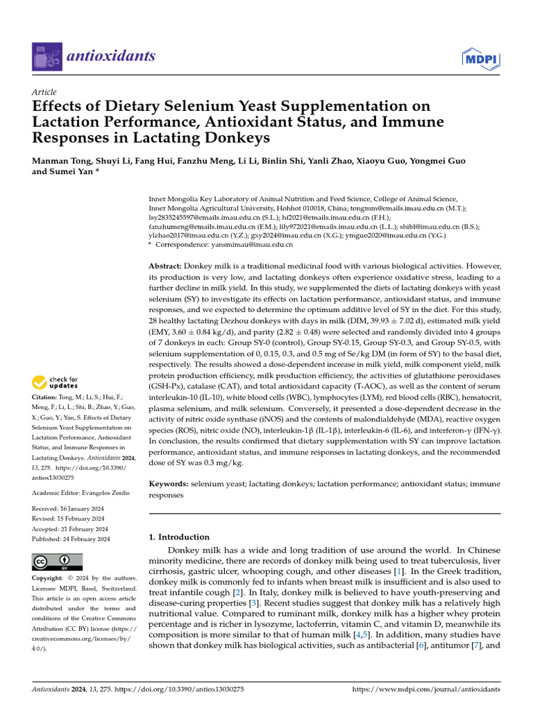 Effects of Dietary Selenium Yeast Supplementation on Lactation | PDF ...
