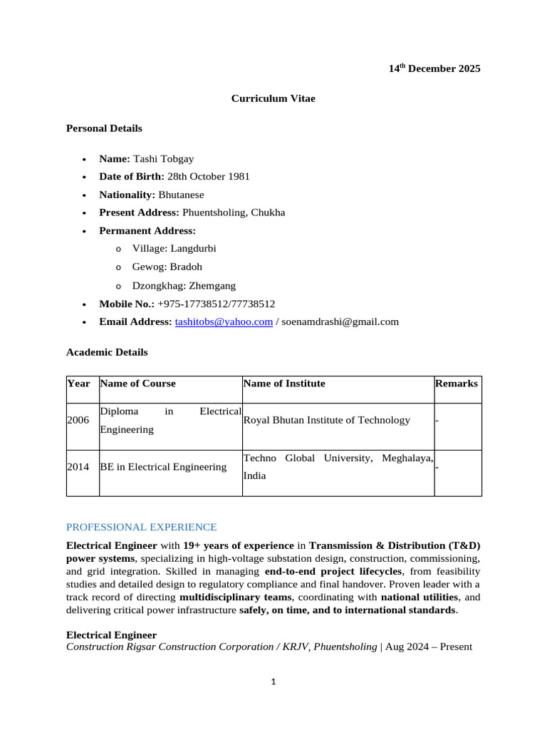 Tashi Tobgay: Electrical Engineer CV | PDF | Electricity | Electrical ...
