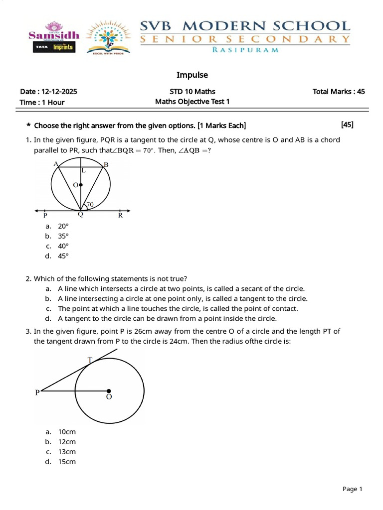 Maths Objective Test for Class 10 | PDF | Circle | Area