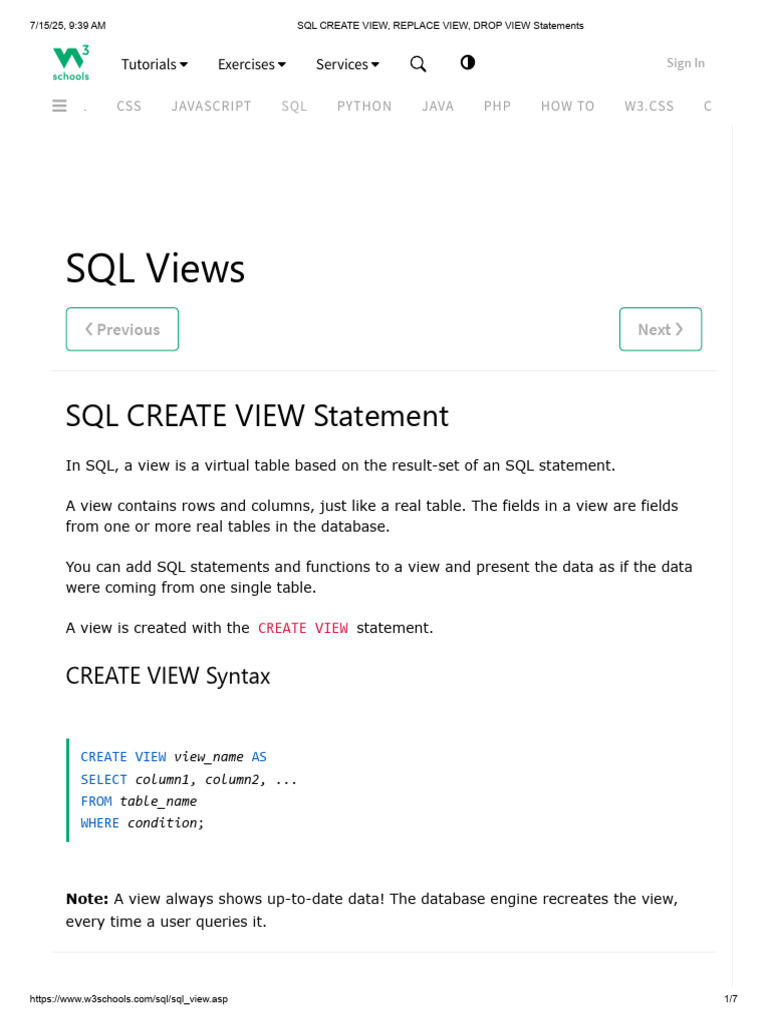 SQL CREATE VIEW Statement Guide | PDF | Sql | Table (Database)