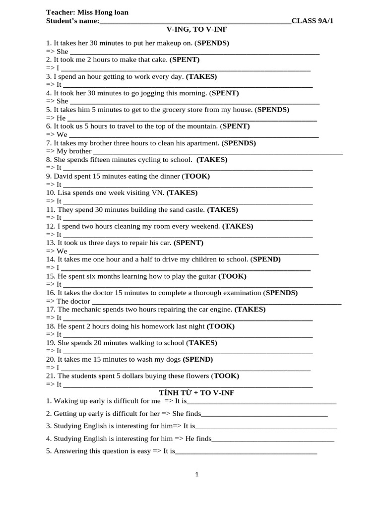 English Grammar Exercises: V-ing and To V-inf | PDF