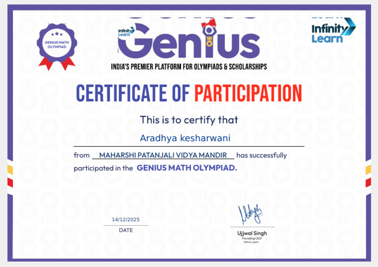 Aradhya Kesharwani: Genius Math Olympiad | PDF