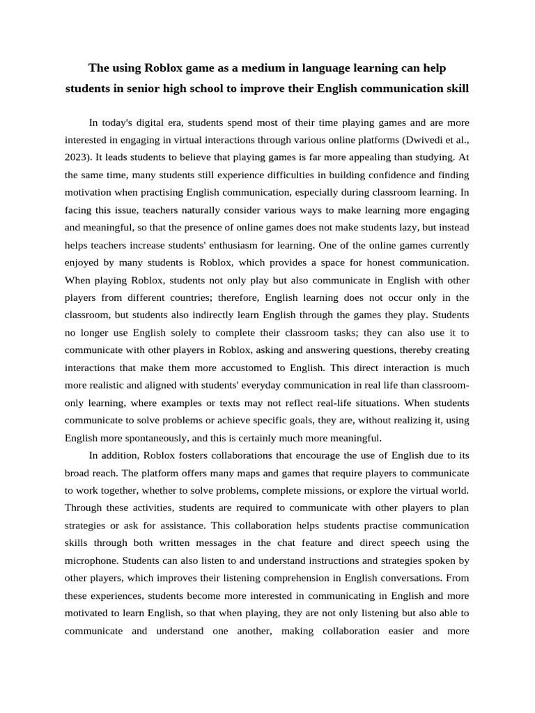 Enhancing English Skills with Roblox | PDF | Teachers | Learning