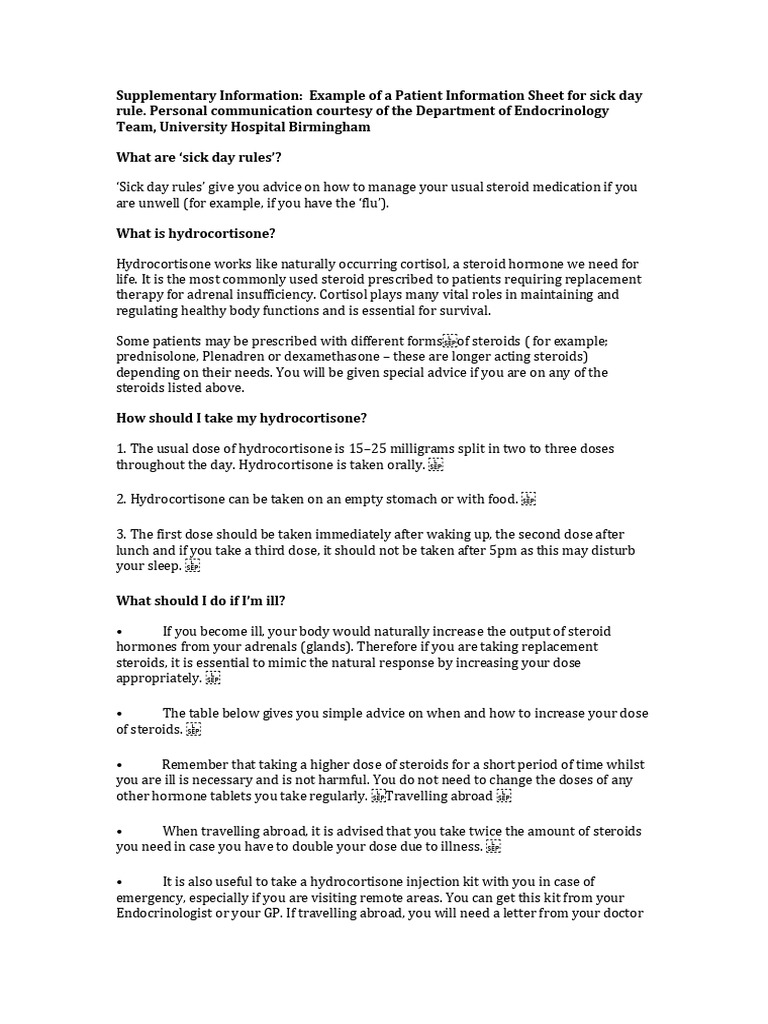 Sick Day Rules for Hydrocortisone Use | PDF | Corticosteroid | Adrenal ...