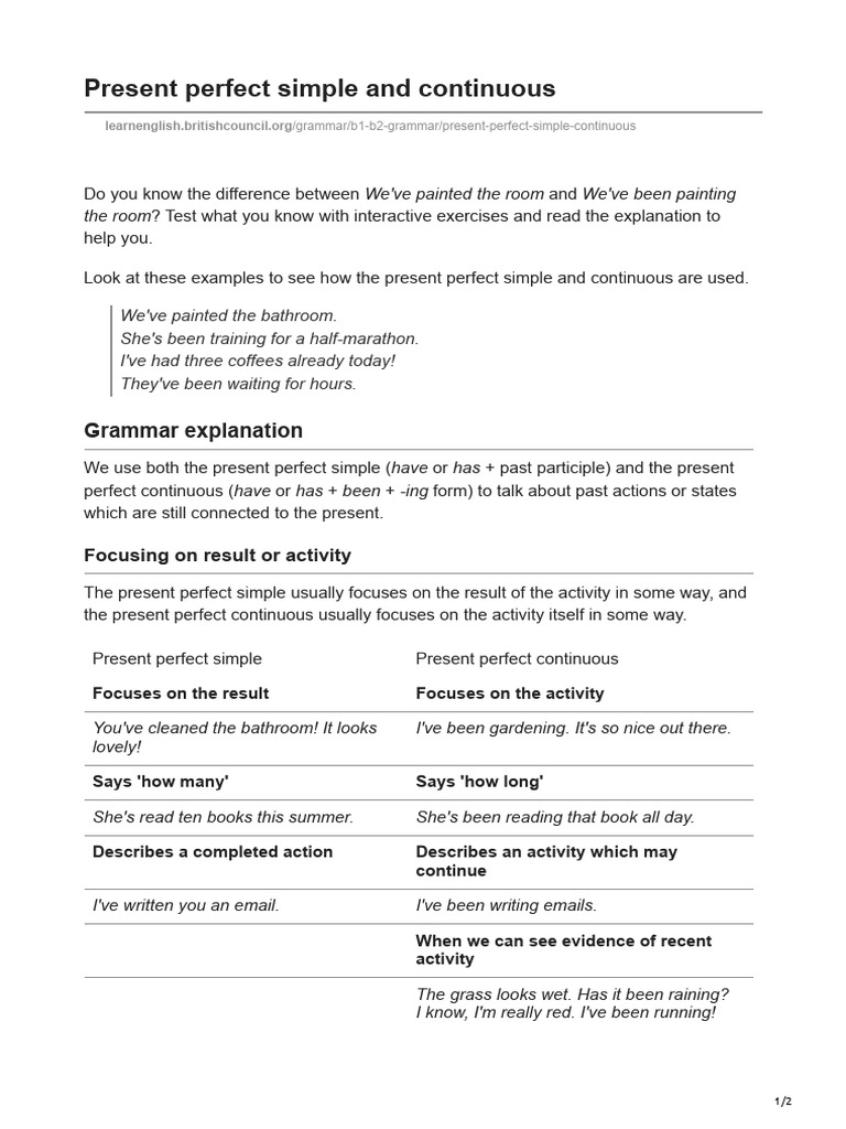 Present Perfect Simple vs Continuous | PDF | Linguistics | Grammar
