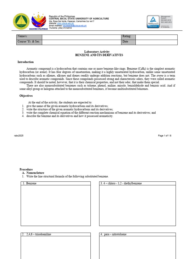 Benzene and Its Derivatives Lab Activity | PDF | Benzene | Alkene