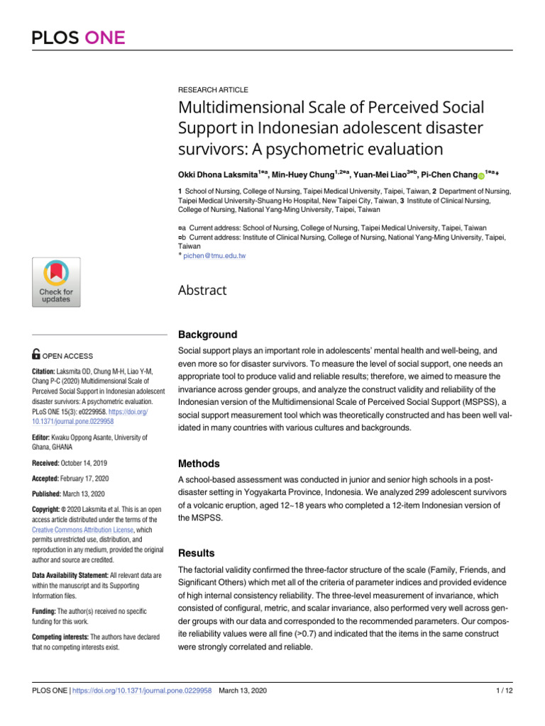 Psychometric Evaluation of MSPSS in Indonesia | PDF | Psychology