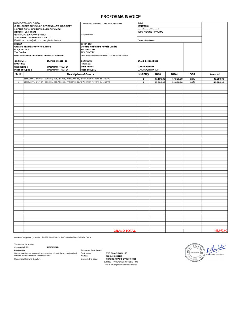 Proforma Invoice for Lenovo Laptops | PDF | Invoice | Personal Computers