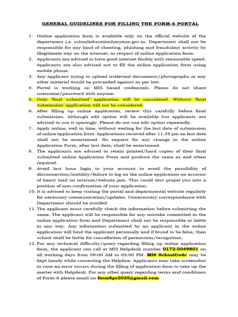 Form-6 Portal Application Guidelines | PDF