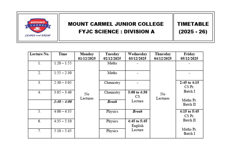 FYJC Science Timetable 2025-26 | PDF