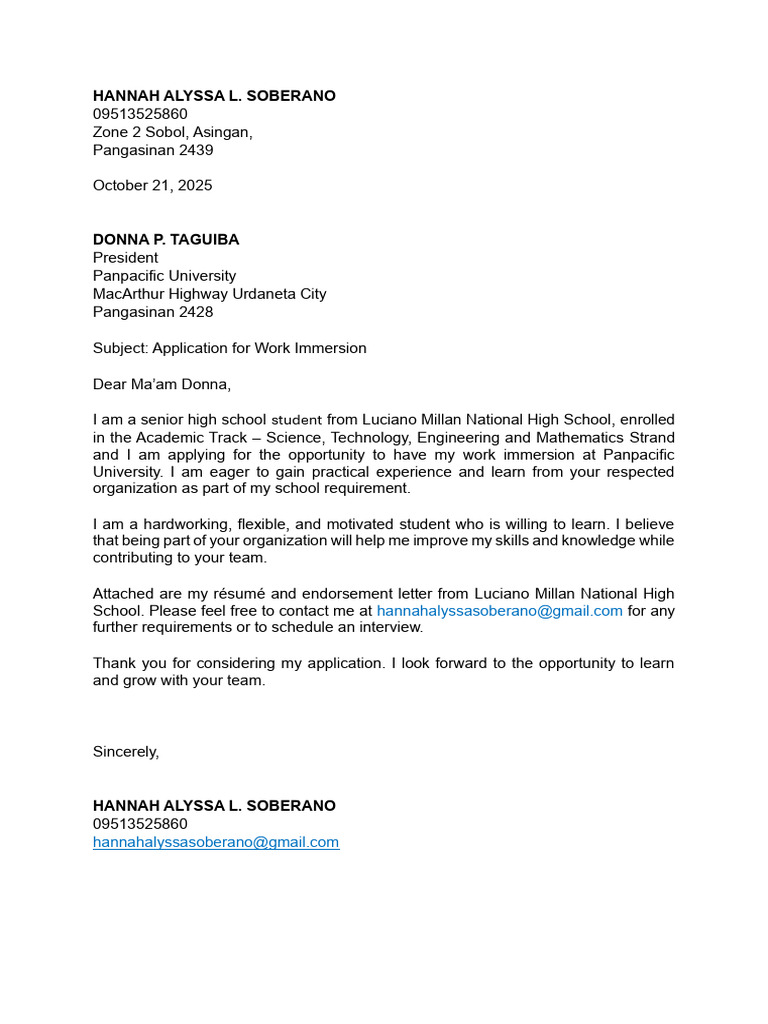Work Immersion Application Letter | PDF