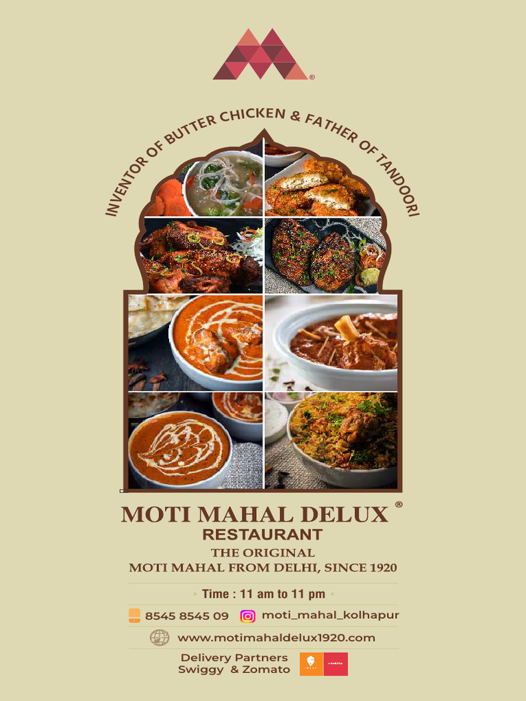 Moti Mahal Menu Aug. 2024 | PDF | Curry | Ice Cream