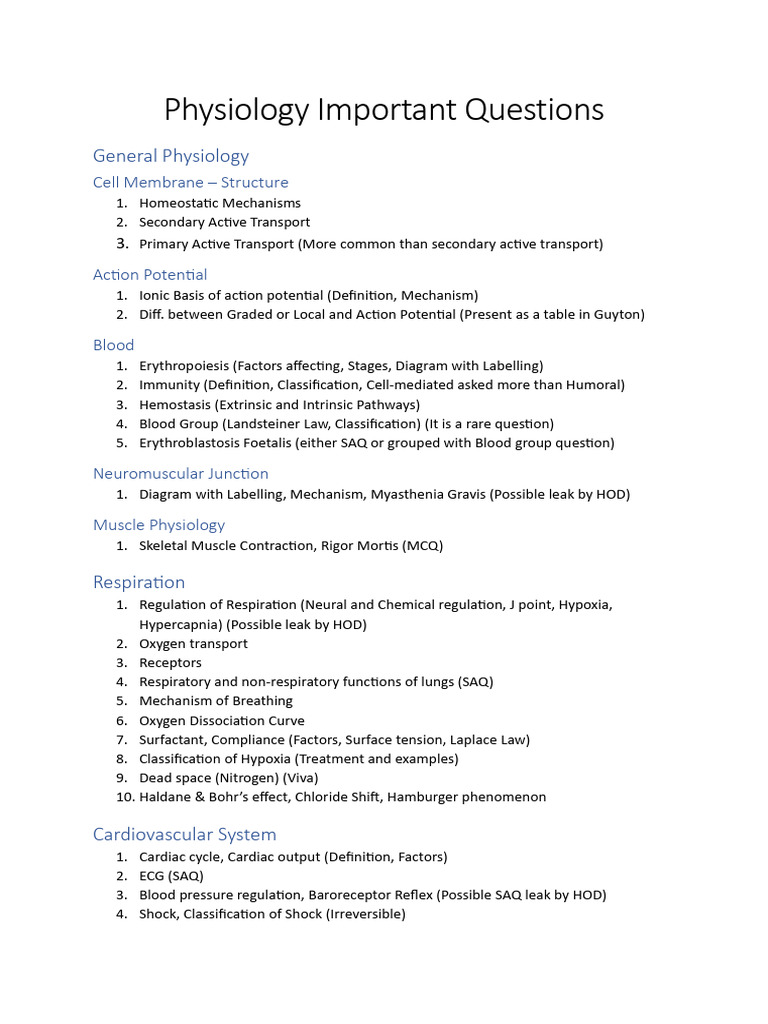 Key Physiology Questions Guide | PDF | Blood | Heart