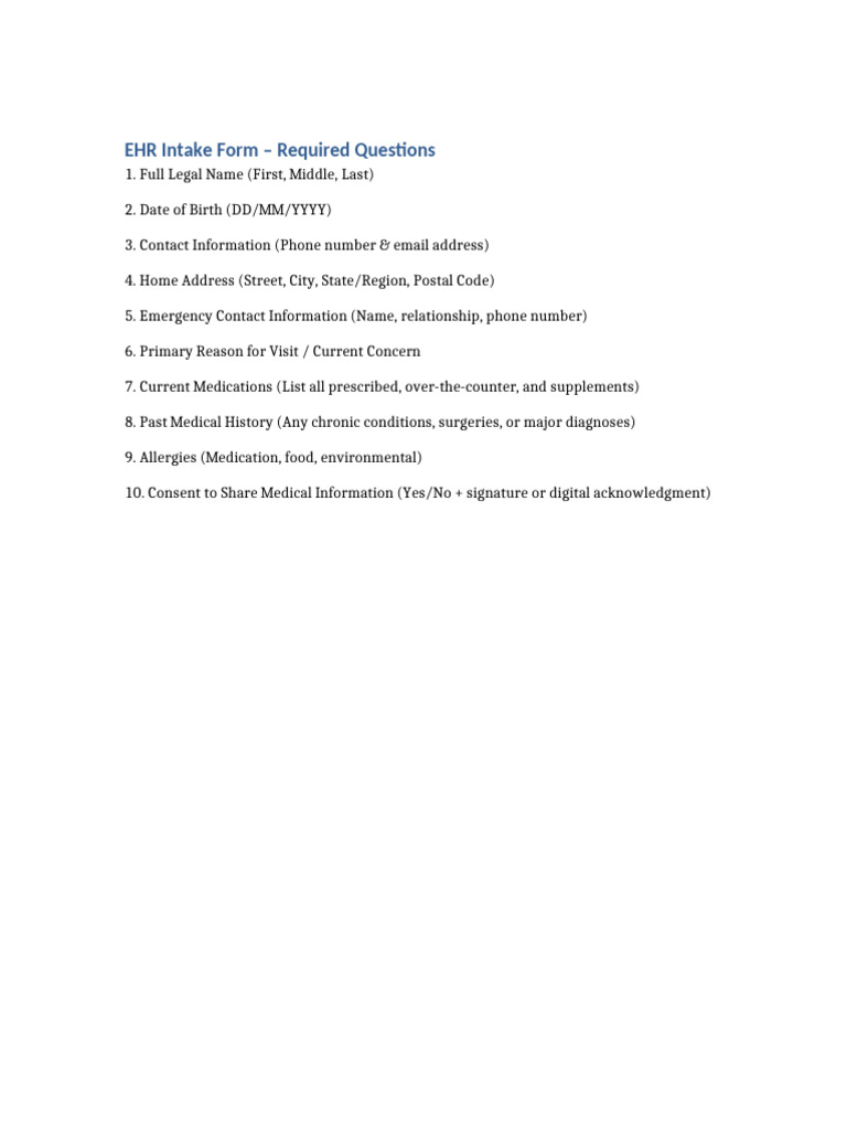 EHR Intake Form Questions | PDF