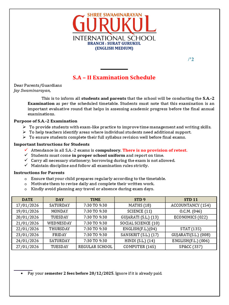 S.A.-2 Exam Schedule for Surat Gurukul | PDF