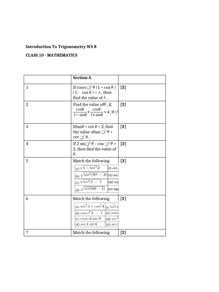 Trigonometry Worksheet for Class 10 | PDF | Trigonometric Functions ...
