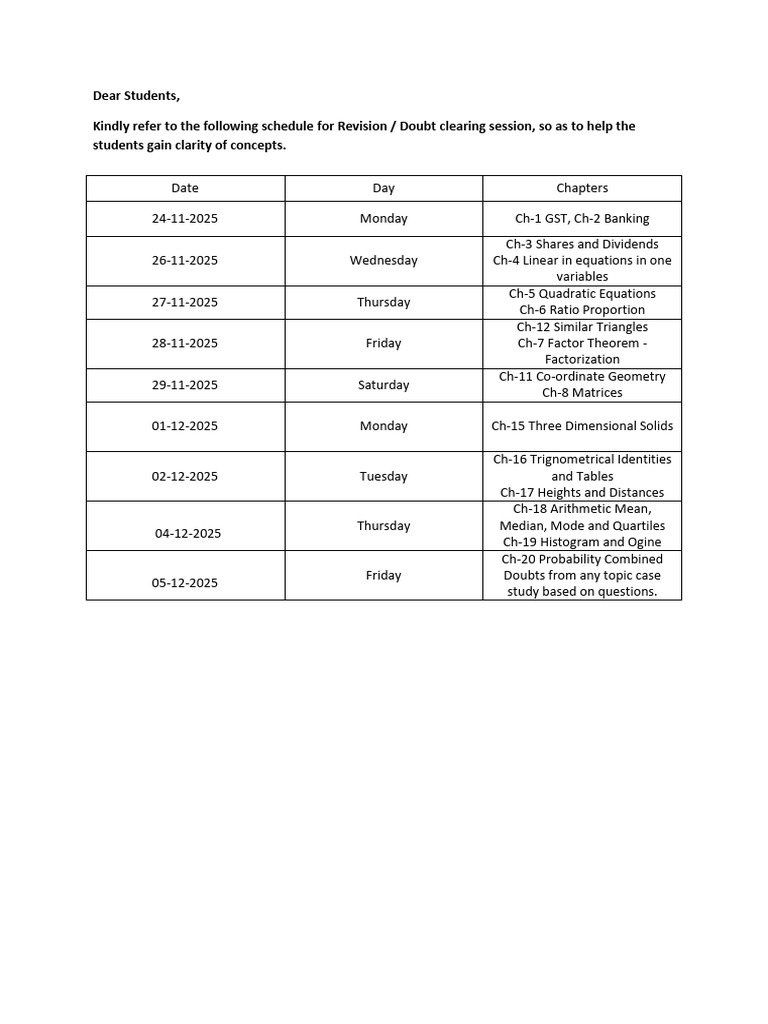 Revision Schedule for Students 2025 | PDF