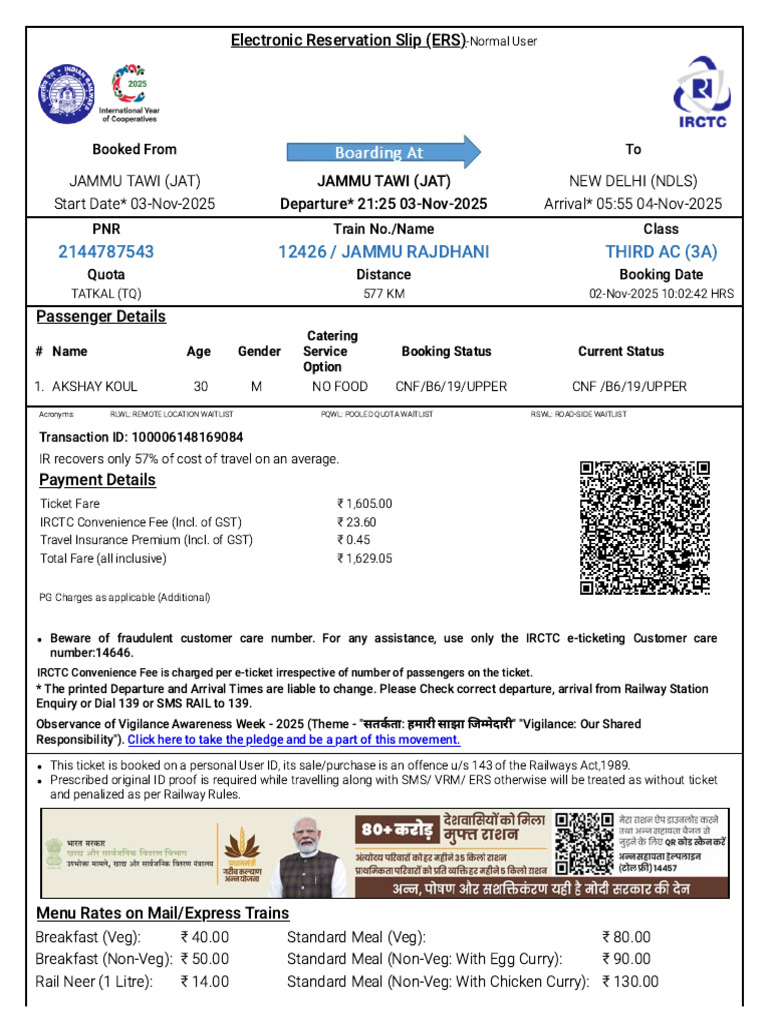 IRCTC Train Booking Details and Costs | PDF