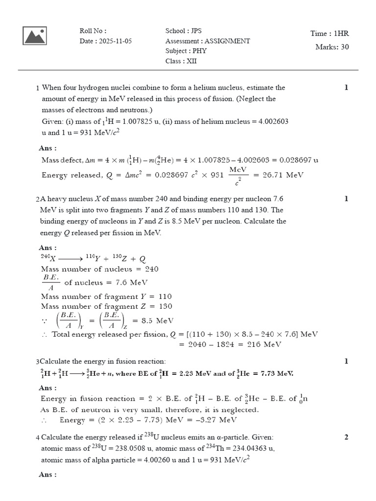 2025 Xii Phy Nuclei Sol | PDF | Atomic Nucleus | Nuclear Fusion