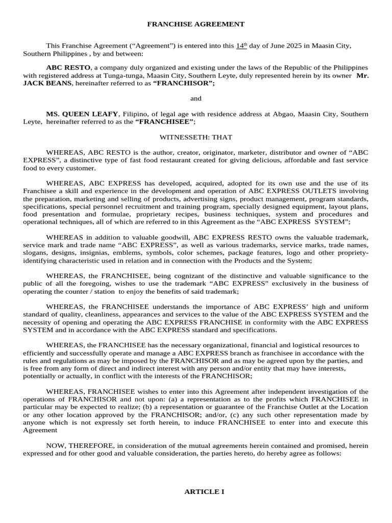 ABC EXPRESS Franchise Agreement Overview | PDF | Franchising | Non ...