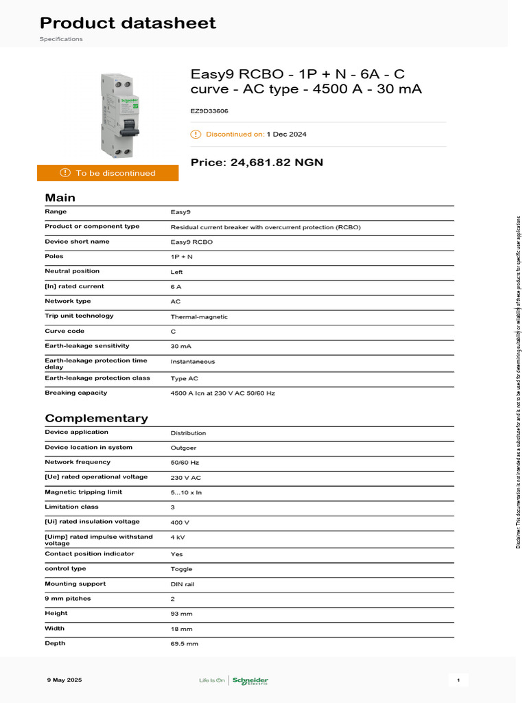 Schneider Electric MCB-Easy9-Devices EZ9D33606 | PDF | Alternating ...