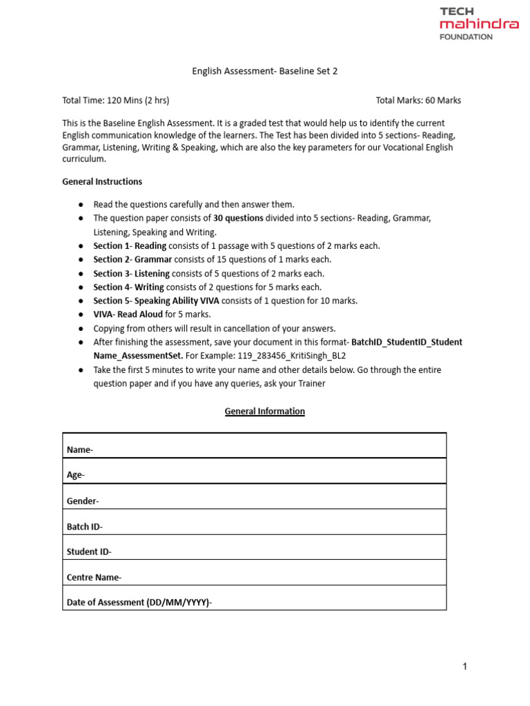 Baseline English Assessment Test Guide | PDF | Question | Linguistics