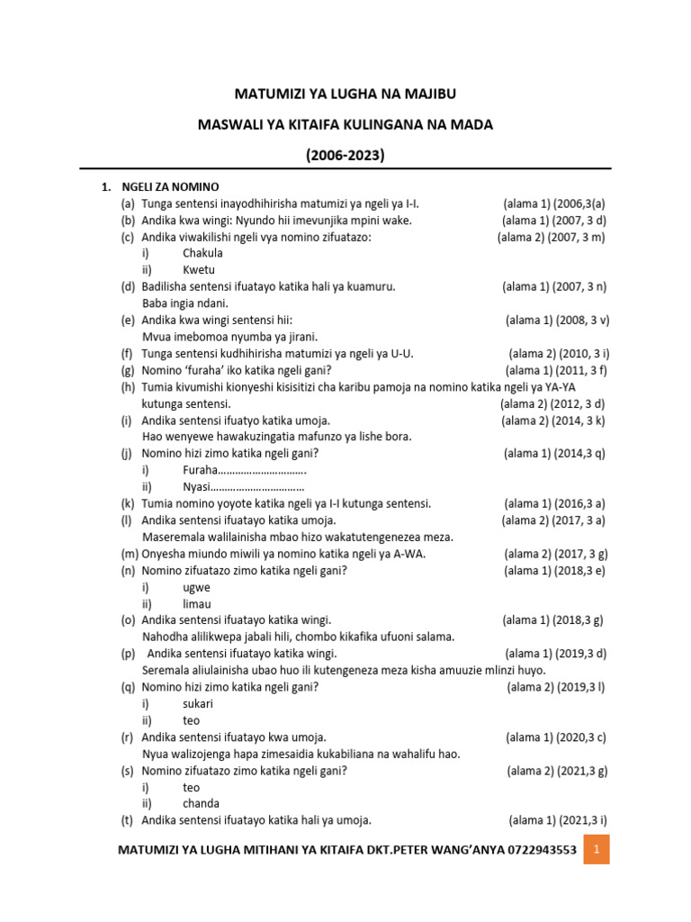 Matumizi Ya Lugha Na Majibu Knec-1 | PDF