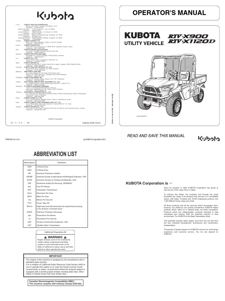 Kubota Utility Vehicle Operator Manual | PDF | Automotive Technologies ...