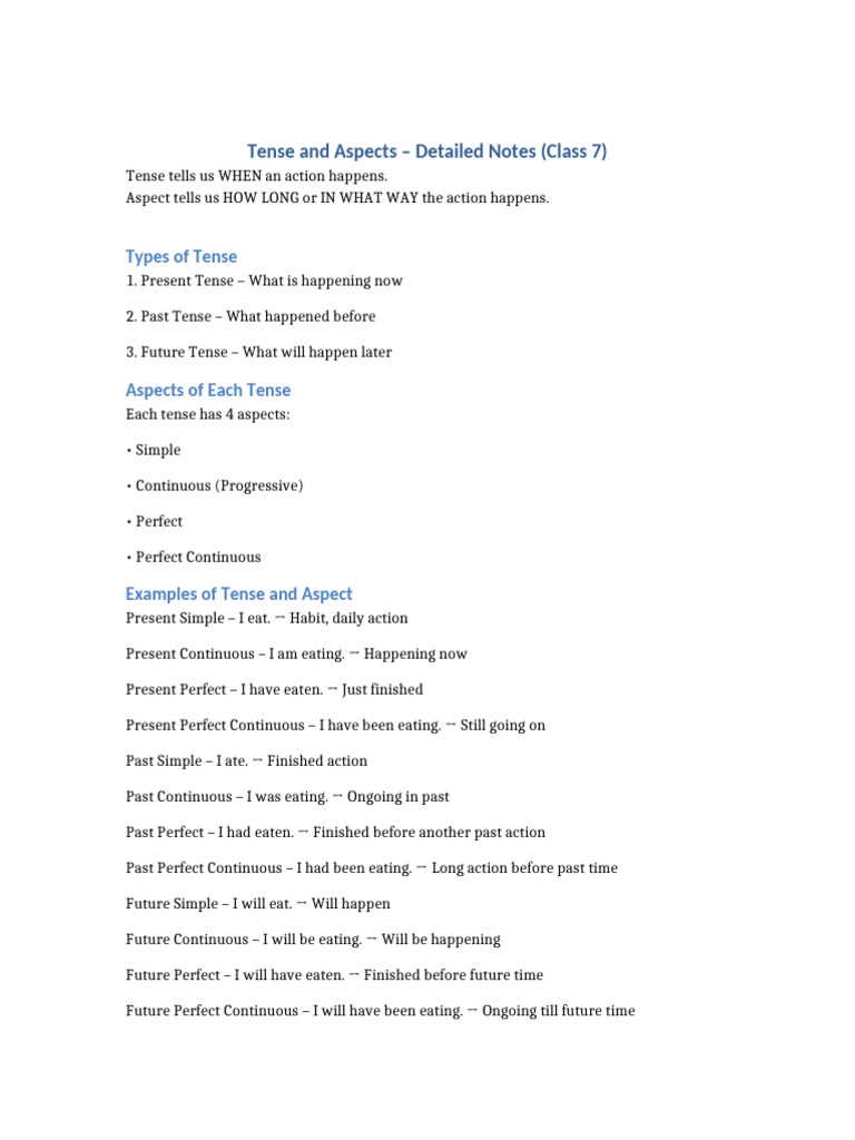 Tense and Aspects Notes Class7 | PDF