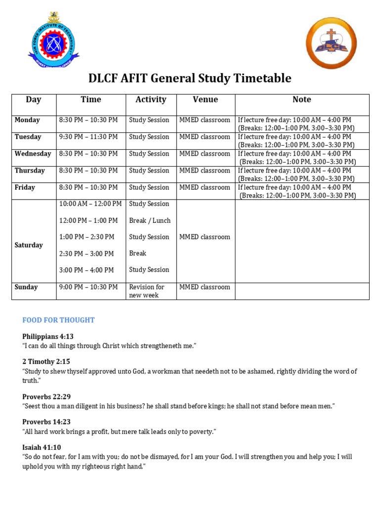 DLCF AFIT General Study Timetable-2 | PDF
