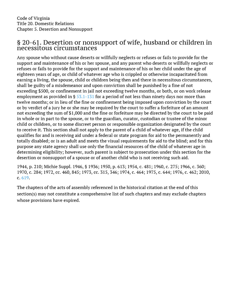 Code of Virginia Title 20. Domestic Relations Chapter 5. Desertion and ...