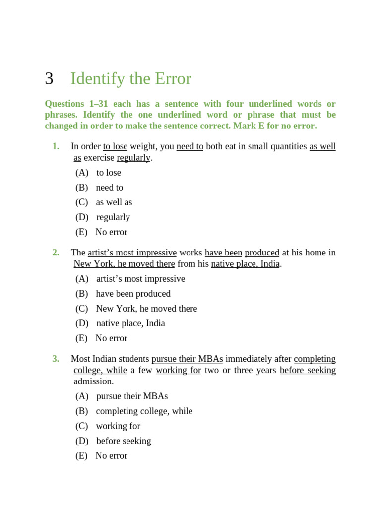 NMAT Error Identification Questions | PDF