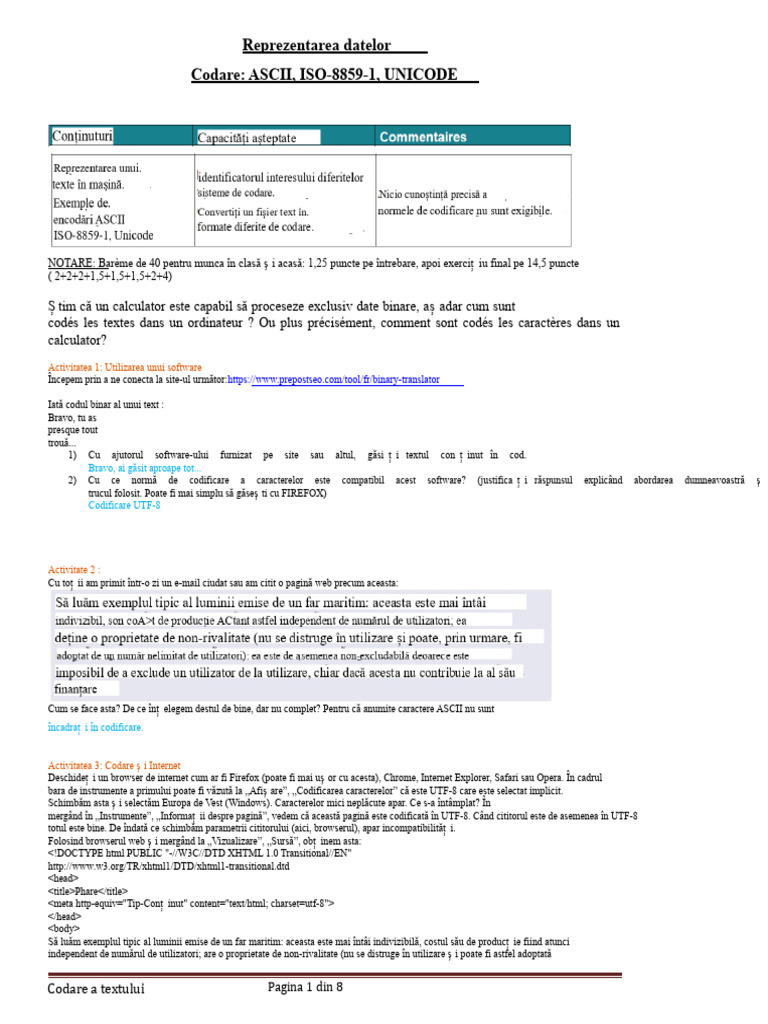Curs Reprezentarea Textului Codificare ASCII UNICODE Elevi | PDF