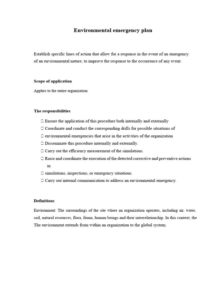 Environmental Emergency Response Plan | PDF | Electrical Conductor | Paper