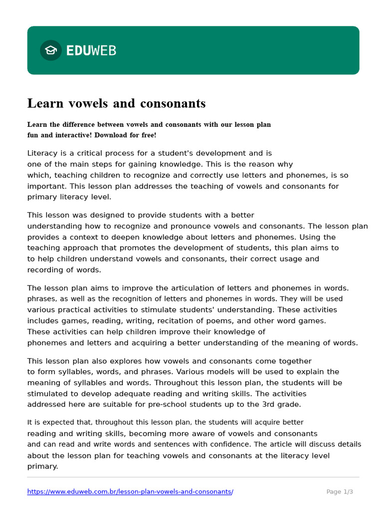 Vowels and Consonants Lesson Plan | PDF | Consonant | Literacy