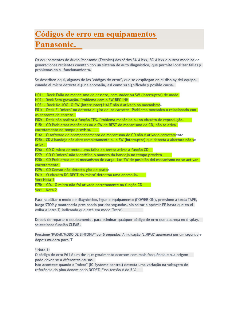Códigos de Erro em Equipamentos Panasonic | PDF | Rede elétrica ...