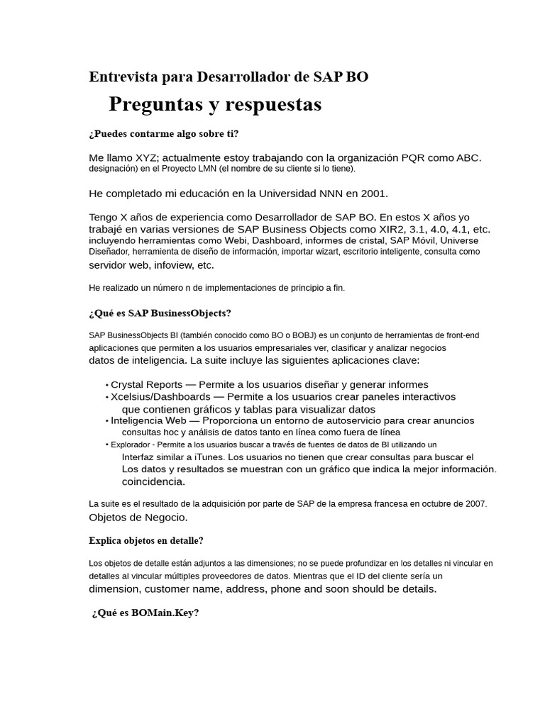 Entrevista para Desarrollador SAP BO: Preguntas Clave | PDF | Bases de ...