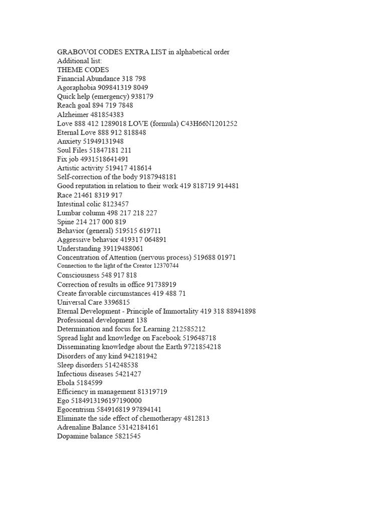 Alphabetical List of Grabovoi Codes | PDF | Bipolar Disorder | Anxiety