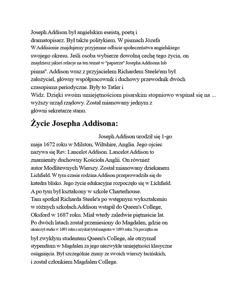 Joseph Addison był angielskim eseistą | PDF