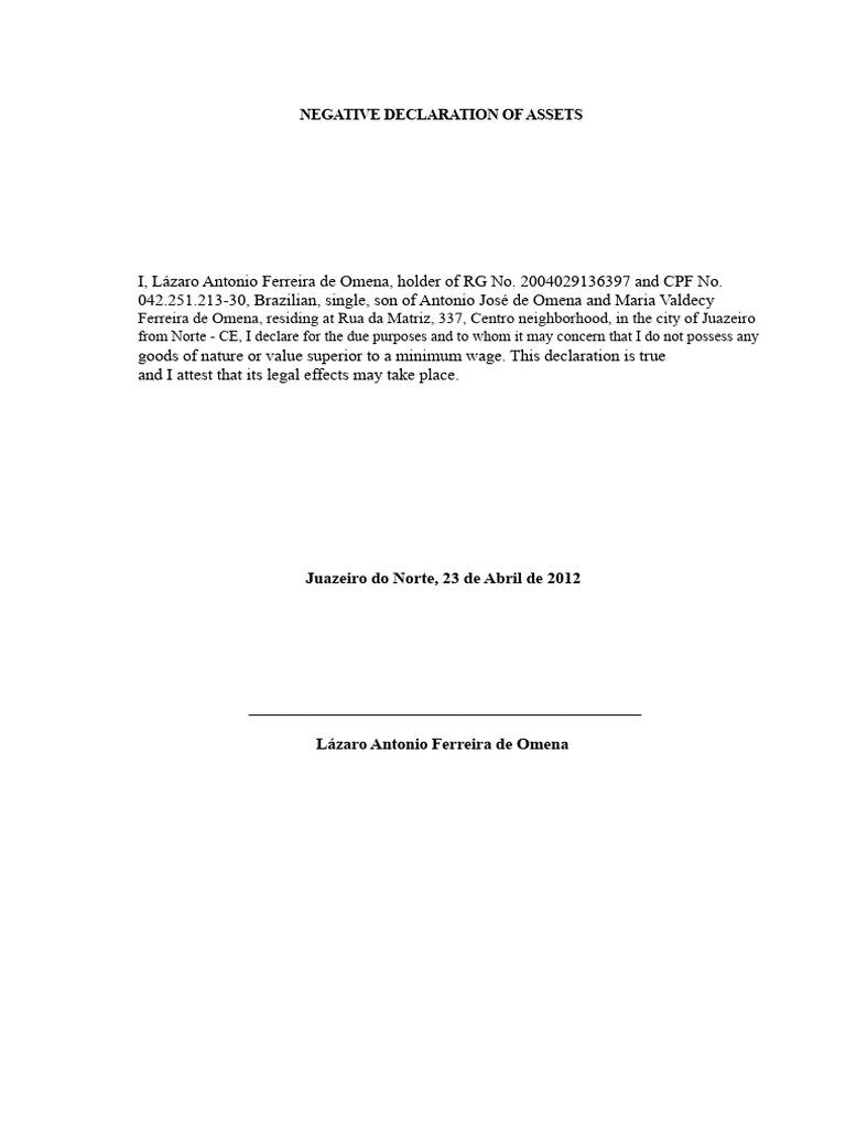 Negative Asset Declaration Form | PDF