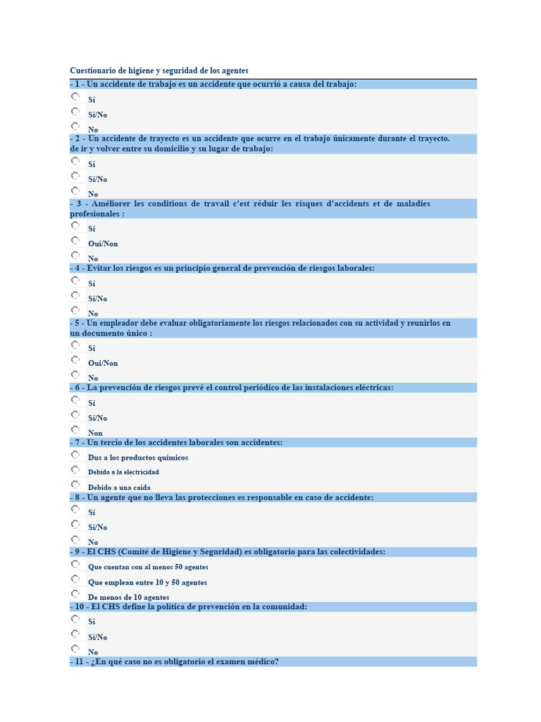 Cuestionario sobre Higiene y Seguridad Laboral | PDF | Lugar de trabajo ...