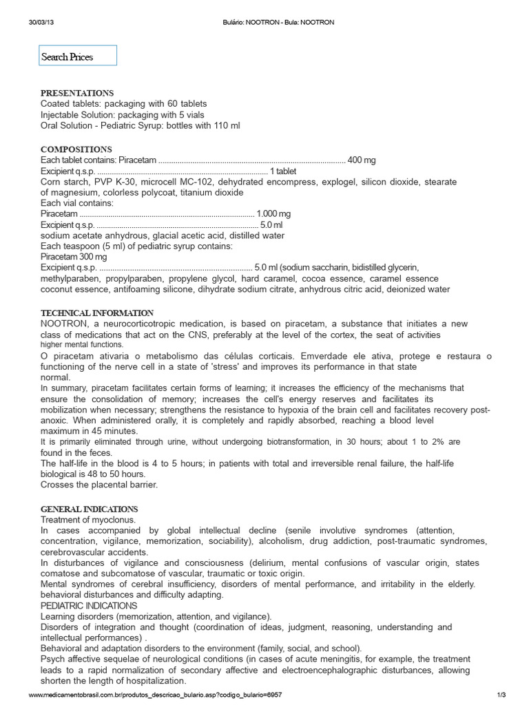 NOOTRON Medication Guide and Uses | PDF | Dose (Biochemistry) | Chemistry