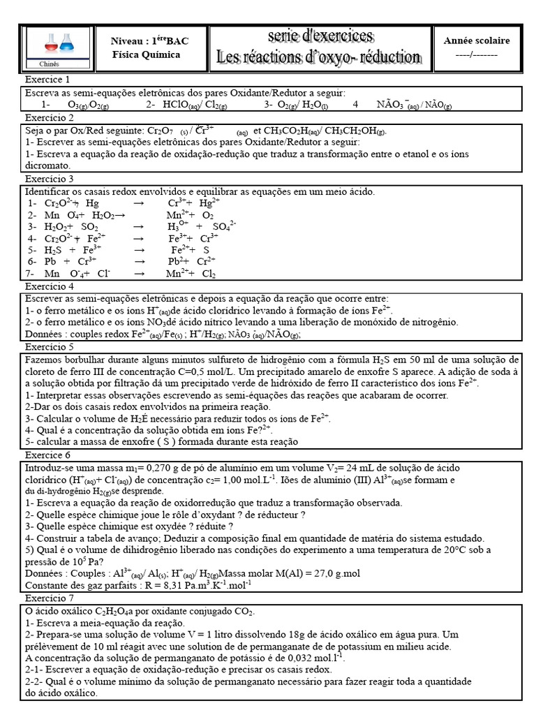 Exercícios de Oxidação e Redução em Química | PDF | Reações químicas ...