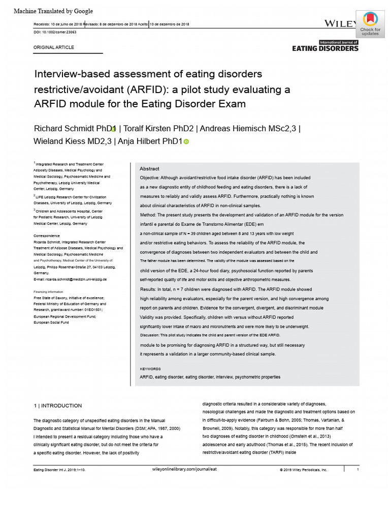 ARFID Assessment Module Pilot Study | PDF | Human Diseases And ...