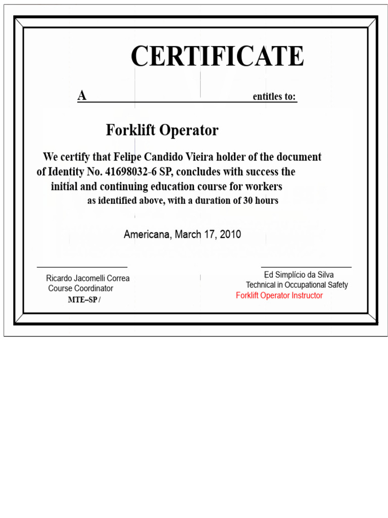 Forklift Operator Certification Document | PDF
