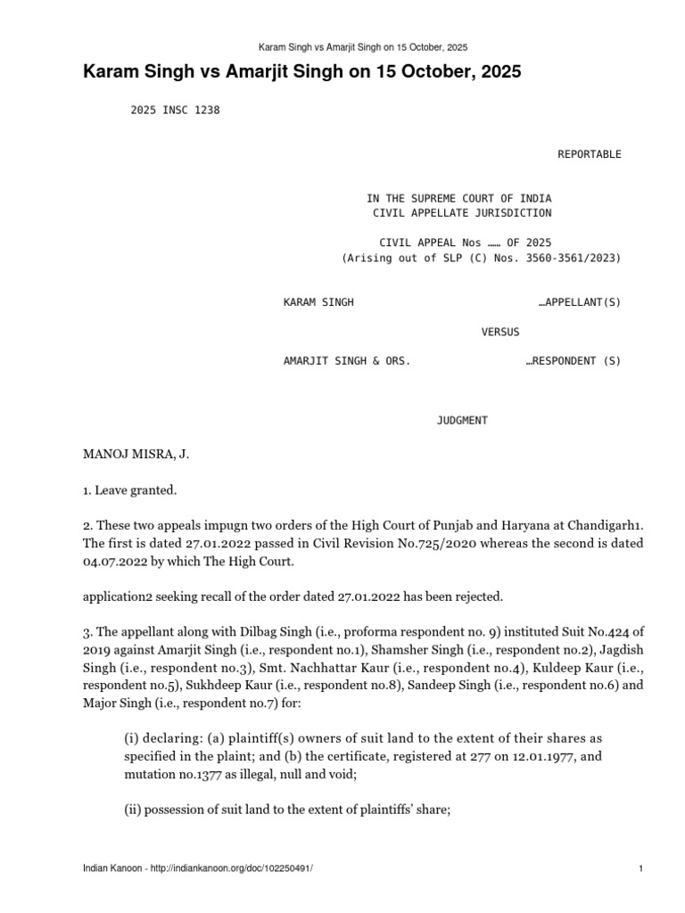 Karam Singh vs Amarjit Singh Case Summary | PDF | Lawsuit | Separation ...
